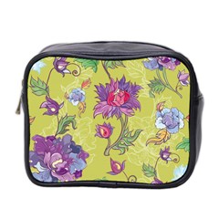 Blue Purple Floral Pattern Mini Toiletries Bag (two Sides) by designsbymallika