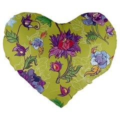 Blue Purple Floral Pattern Large 19  Premium Heart Shape Cushions by designsbymallika