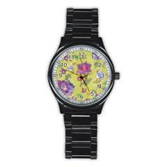 Blue Purple Floral Pattern Stainless Steel Round Watch by designsbymallika