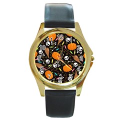 Halloween Pattern 3 Round Gold Metal Watch by designsbymallika