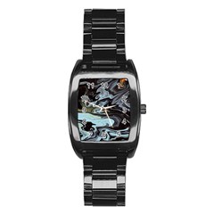 Abstract Painting Black Stainless Steel Barrel Watch