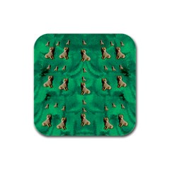 Happy Small Dogs In Calm In The Big Blooming Forest Rubber Square Coaster (4 Pack) by pepitasart