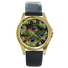 Peacock-feathers-color-plumage Round Gold Metal Watch by Celenk