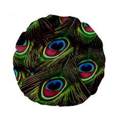 Peacock-feathers-color-plumage Standard 15  Premium Round Cushions by Celenk