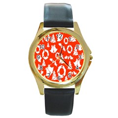 Orange Background Card Christmas  Round Gold Metal Watch