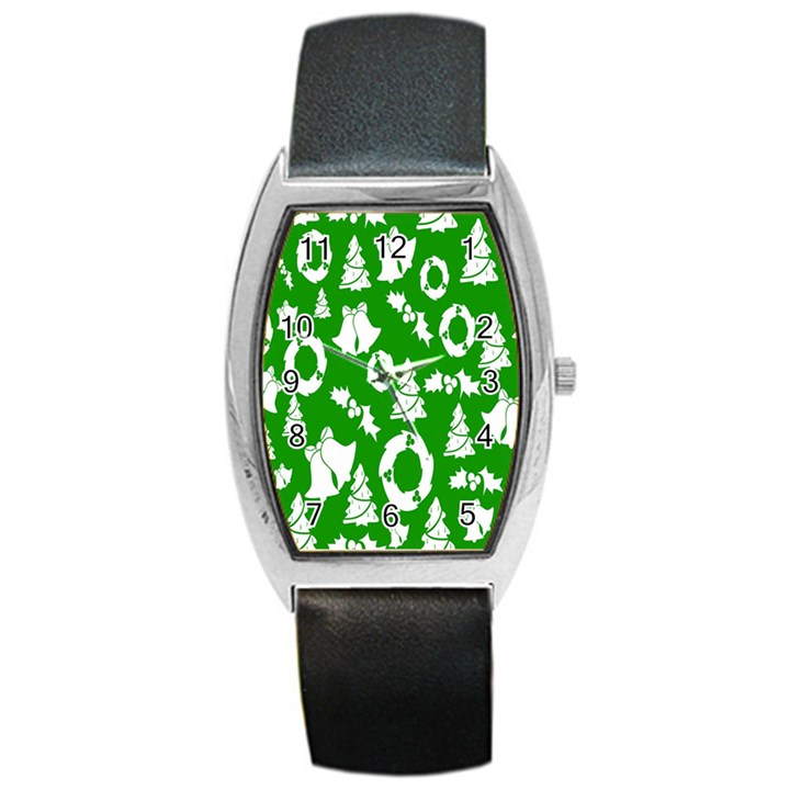 Green  Background Card Christmas  Barrel Style Metal Watch