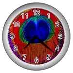 Peacock Plumage Fearher Bird Pattern Wall Clock (Silver) Front