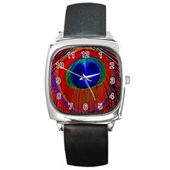 Peacock Plumage Fearher Bird Pattern Square Metal Watch by Sapixe