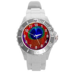 Peacock Plumage Fearher Bird Pattern Round Plastic Sport Watch (l) by Sapixe