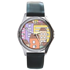 Houses City Architecture Building Round Metal Watch by Sapixe