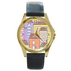 Houses City Architecture Building Round Gold Metal Watch by Sapixe