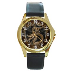 Dragon Pentagram Round Gold Metal Watch by Sapixe