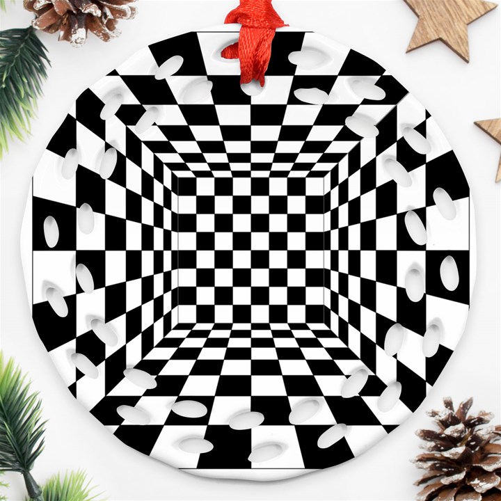 Black And White Chess Checkered Spatial 3d Ornament (Round Filigree)