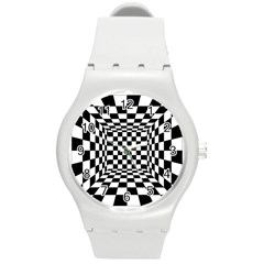 Black And White Chess Checkered Spatial 3d Round Plastic Sport Watch (m) by Sapixe