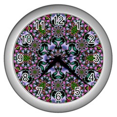 Tropical Blooming Forest With Decorative Flowers Mandala Wall Clock (silver) by pepitasart