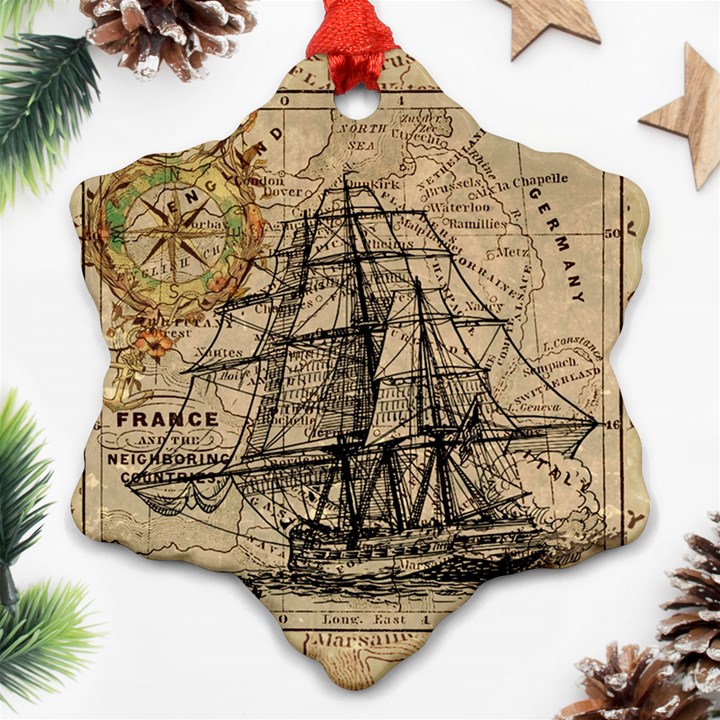 Ship Map Navigation Vintage Snowflake Ornament (Two Sides)