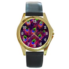 Peacock-feathers Round Gold Metal Watch by nateshop