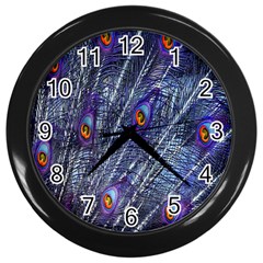 Peacock-feathers-blue Wall Clock (black) by nateshop