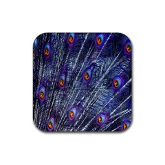 Peacock-feathers-blue Rubber Coaster (square) by nateshop