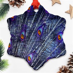 Peacock-feathers-blue Snowflake Ornament (two Sides) by nateshop