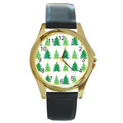 Christmas Trees Watercolor Decoration Round Gold Metal Watch