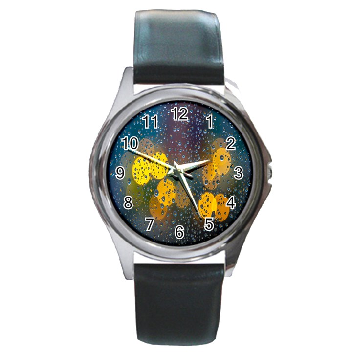 Bokeh Raindrops Window  Round Metal Watch