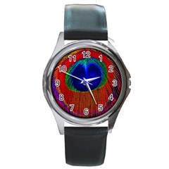 Red Peacock Plumage Fearher Bird Pattern Round Metal Watch by Wegoenart