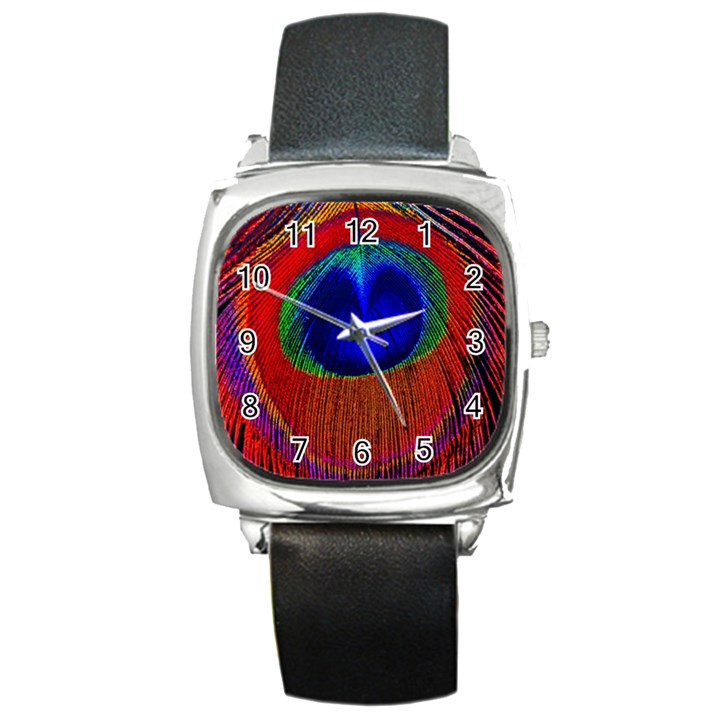 Red Peacock Plumage Fearher Bird Pattern Square Metal Watch