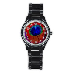 Red Peacock Plumage Fearher Bird Pattern Stainless Steel Round Watch by Wegoenart