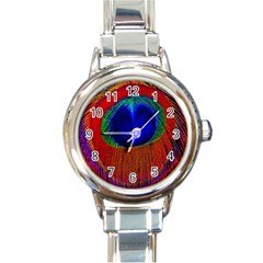 Red Peacock Plumage Fearher Bird Pattern Round Italian Charm Watch by Wegoenart