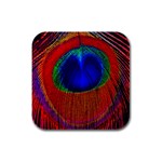 Red Peacock Plumage Fearher Bird Pattern Rubber Square Coaster (4 pack) Front