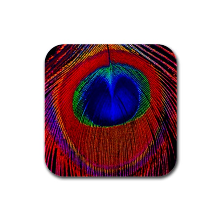 Red Peacock Plumage Fearher Bird Pattern Rubber Square Coaster (4 pack)