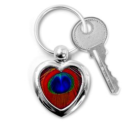 Red Peacock Plumage Fearher Bird Pattern Key Chain (heart) by Wegoenart