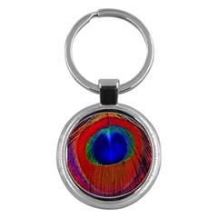 Red Peacock Plumage Fearher Bird Pattern Key Chain (round) by Wegoenart