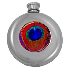 Red Peacock Plumage Fearher Bird Pattern Round Hip Flask (5 Oz) by Wegoenart