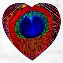 Red Peacock Plumage Fearher Bird Pattern Jigsaw Puzzle (heart) by Wegoenart