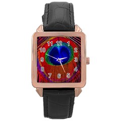 Red Peacock Plumage Fearher Bird Pattern Rose Gold Leather Watch  by Wegoenart