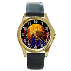 Skyline Frankfurt Abstract Moon Round Gold Metal Watch by Jancukart