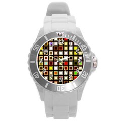 Squares-colorful-texture-modern-art Round Plastic Sport Watch (l)