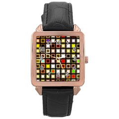 Squares-colorful-texture-modern-art Rose Gold Leather Watch 