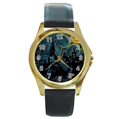 Cartoon Starry Night Vincent Van Gofh Round Gold Metal Watch