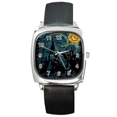 Cartoon Starry Night Vincent Van Gofh Square Metal Watch by Jancukart