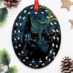 Cartoon Starry Night Vincent Van Gofh Oval Filigree Ornament (two Sides)