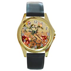 Flower Cubism Mosaic Vintage Round Gold Metal Watch by Jancukart