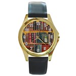 Books Library Bookshelf Bookshop Round Gold Metal Watch Front