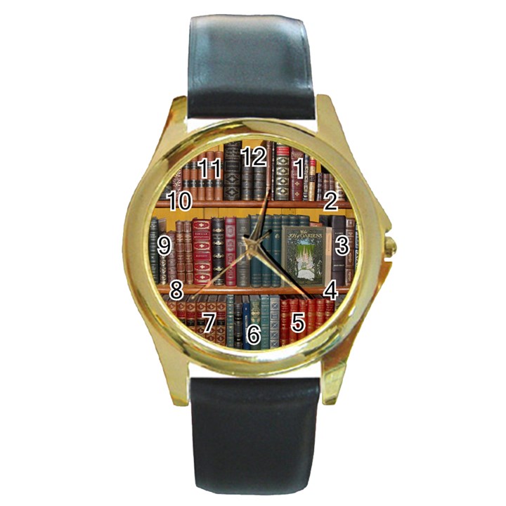 Books Library Bookshelf Bookshop Round Gold Metal Watch