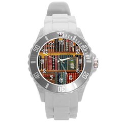 Books Library Bookshelf Bookshop Round Plastic Sport Watch (l)