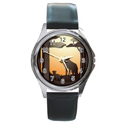 Vectors Painting Wolves Nature Forest Round Metal Watch by Amaryn4rt