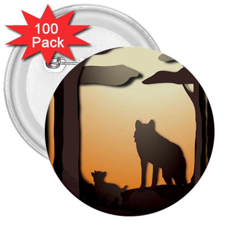 Vectors Painting Wolves Nature Forest 3  Buttons (100 pack) 