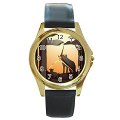 Vectors Painting Wolves Nature Forest Round Gold Metal Watch by Amaryn4rt